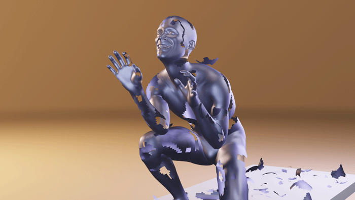 render rozpadající se figura 3D model, lištica, blender