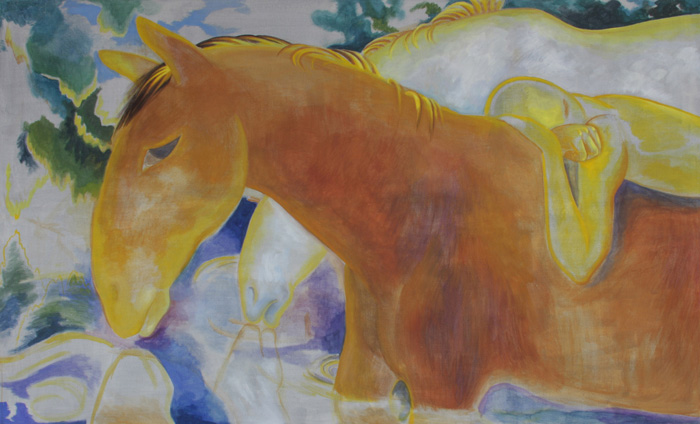 painting of a horse, huging with horses, tempera painting, Lištica