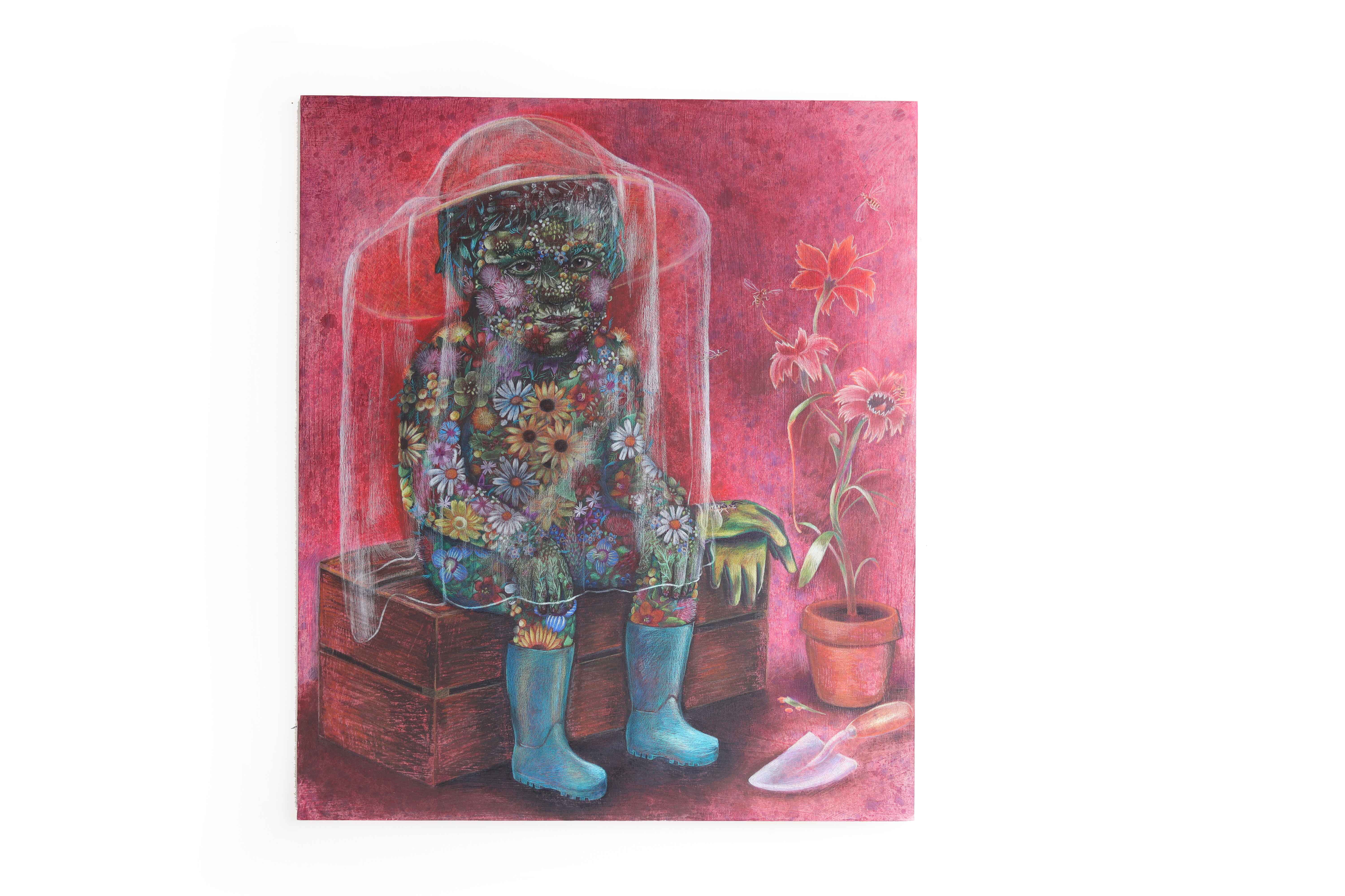 Dítě pokryté květinami, dítě z plevelu, človíček z plevelu, kresba prismacolor, pastelky, obraz Lištica