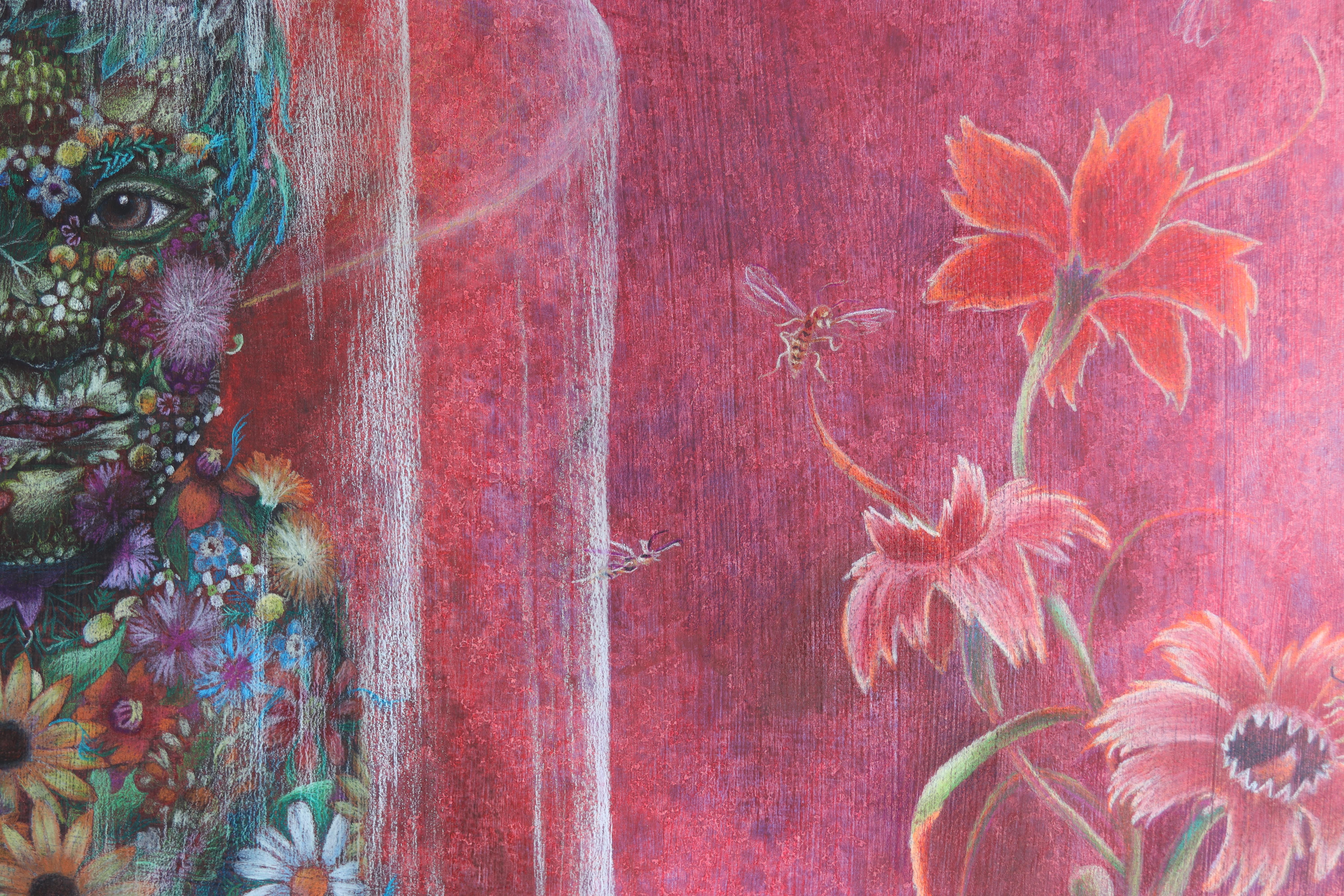 Dítě pokryté květinami, dítě z plevelu, človíček z plevelu, kresba prismacolor, pastelky, obraz Lištica