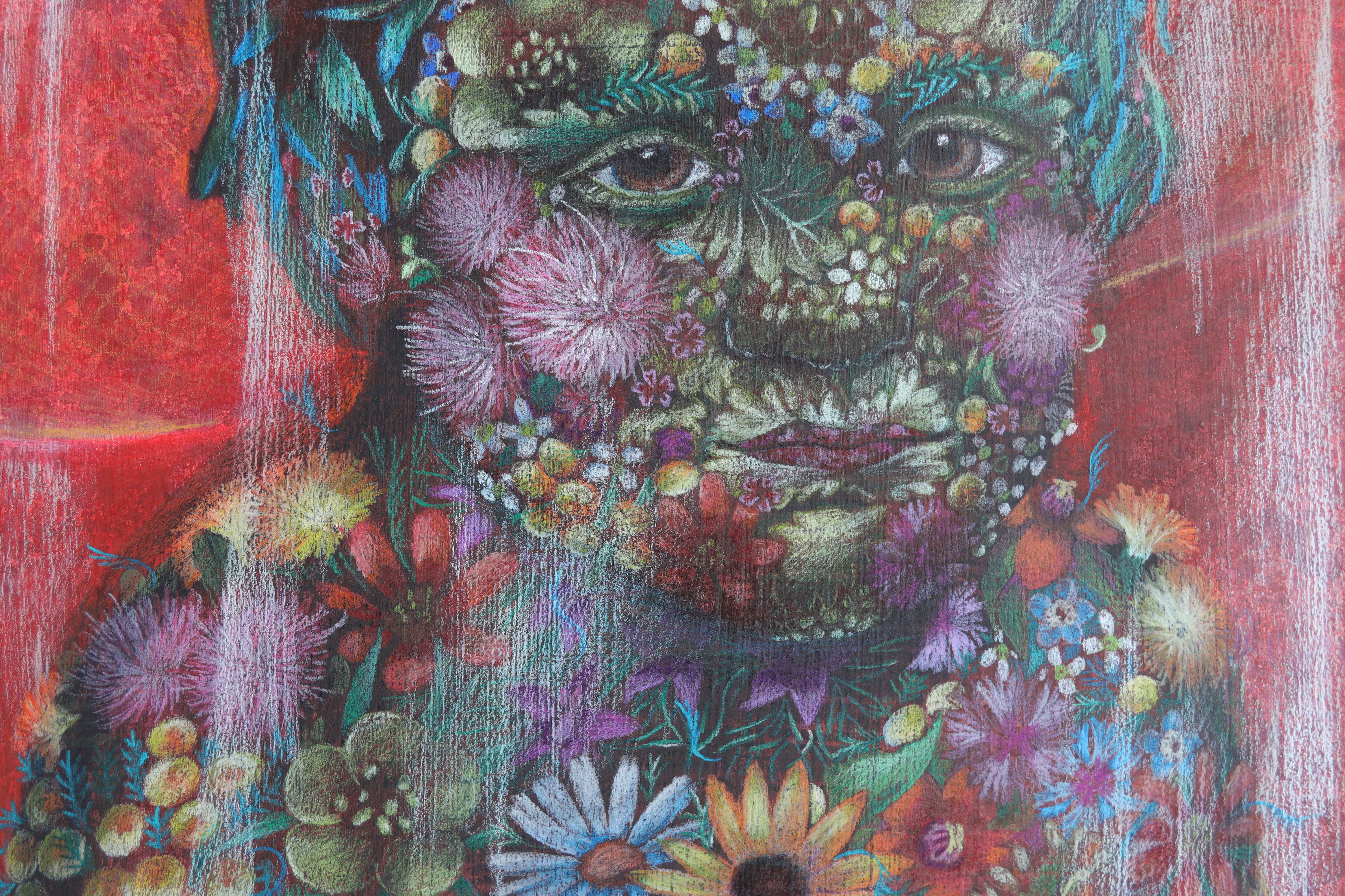 Dítě pokryté květinami, dítě z plevelu, človíček z plevelu, kresba prismacolor, pastelky, obraz Lištica