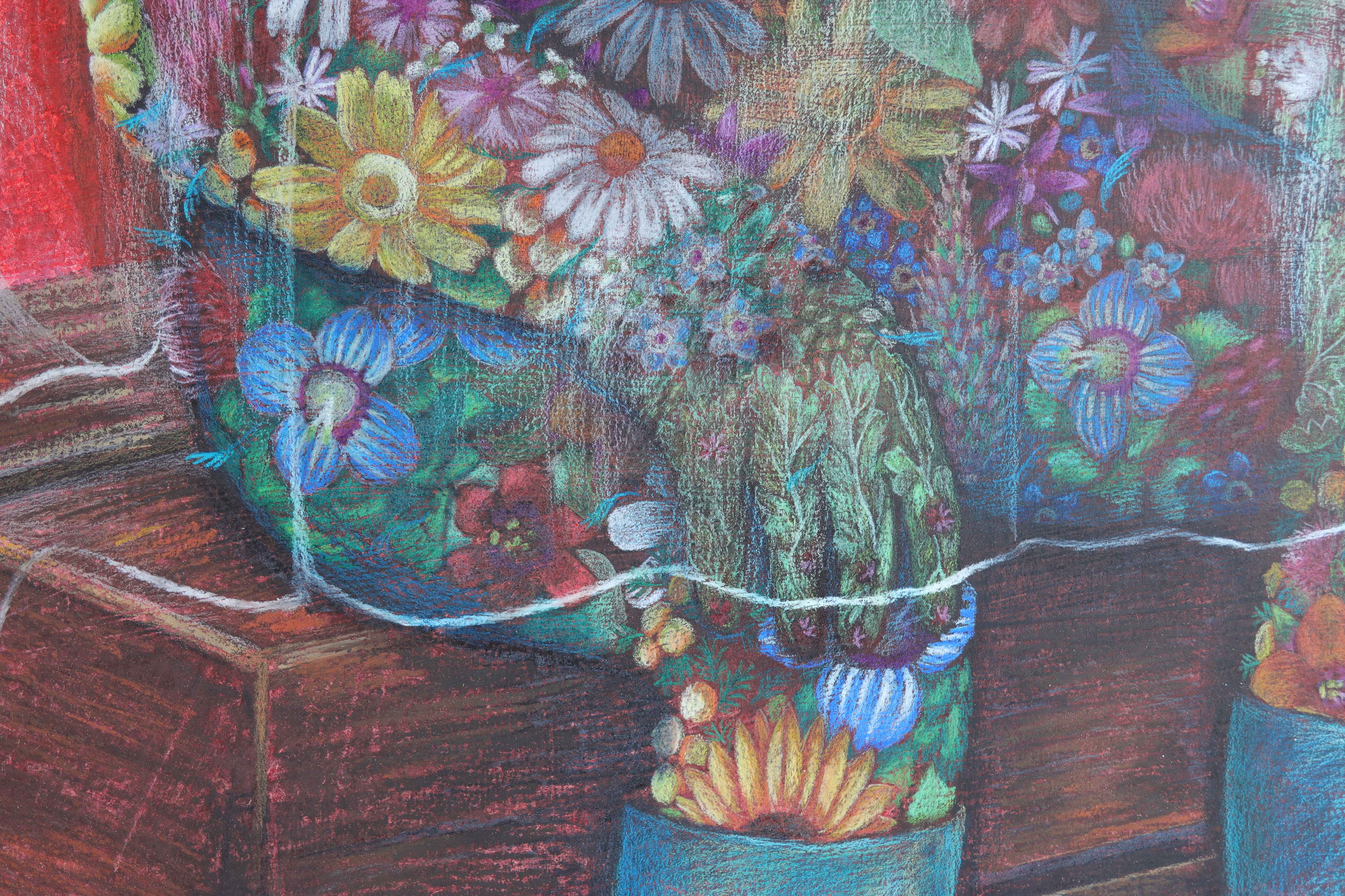 Dítě pokryté květinami, dítě z plevelu, človíček z plevelu, kresba prismacolor, pastelky, obraz Lištica