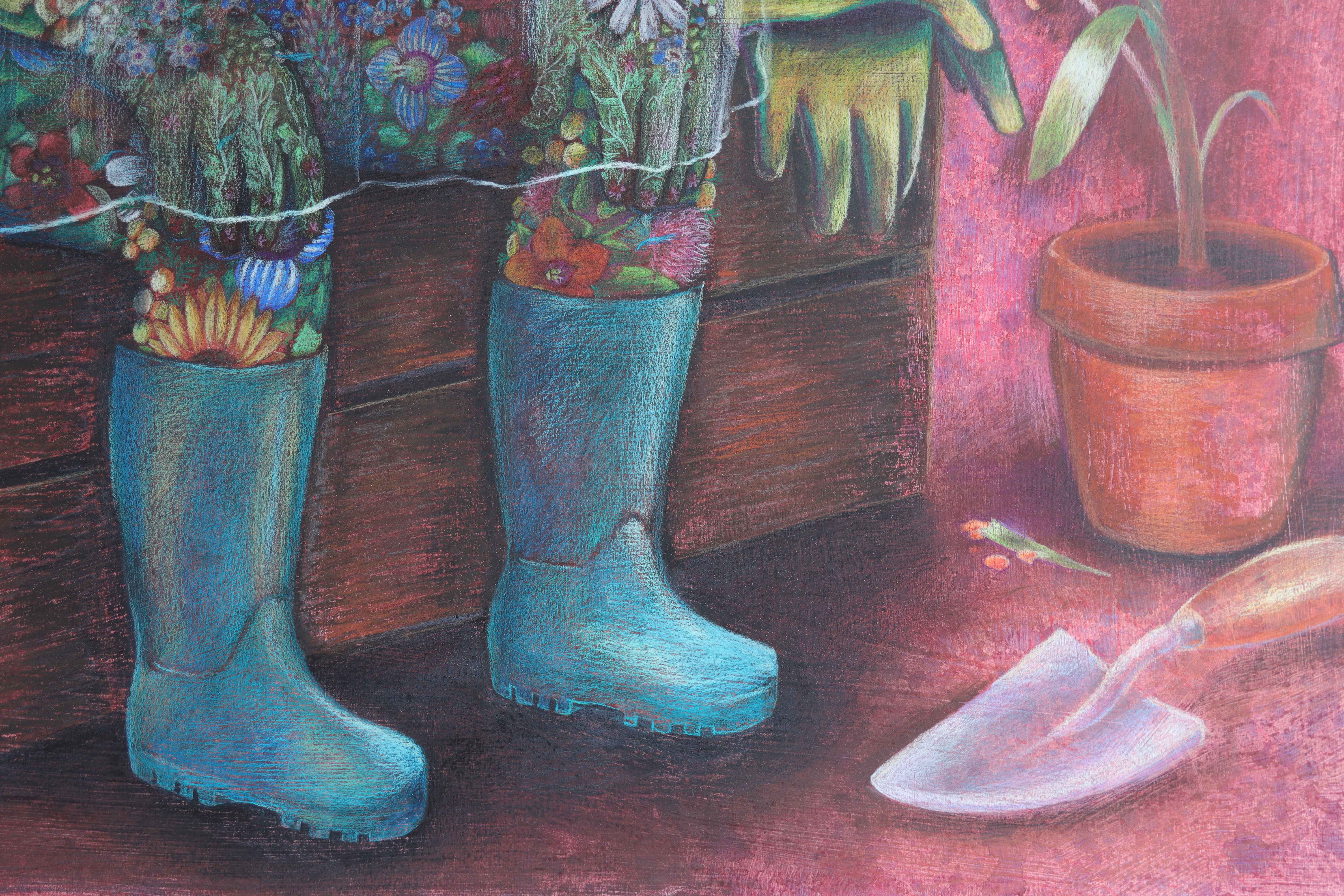 Dítě pokryté květinami, dítě z plevelu, človíček z plevelu, kresba prismacolor, pastelky, obraz Lištica